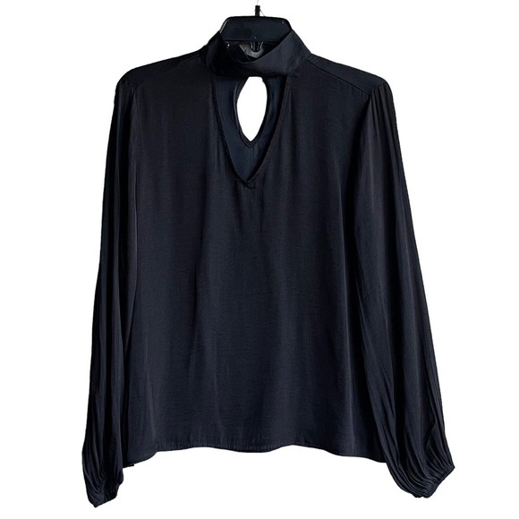 Thalia Sodi Choker Top Black Woven Long Sleeves Blouse Size M NWT Keyhole Button - Picture 1 of 9